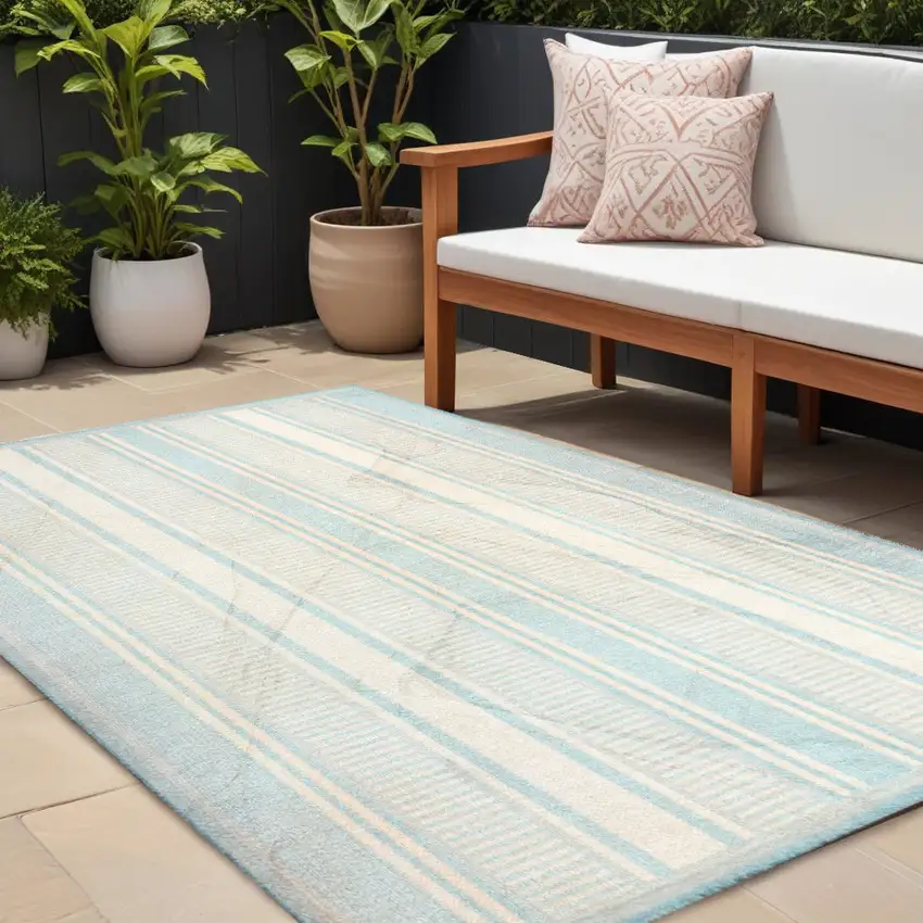 Aqua And Beige Striped Indoor Outdoor Area Rug Photo 1