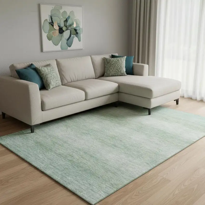 Aqua And Beige Striped Washable Area Rug With UV Protection Photo 2