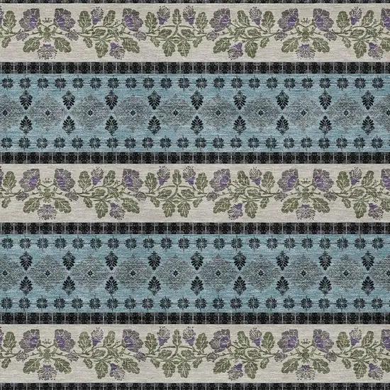 Aqua And Charcoal Striped Washable Indoor Outdoor Area Rug Photo 2
