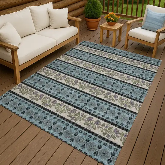 Aqua And Charcoal Striped Washable Indoor Outdoor Area Rug Photo 4
