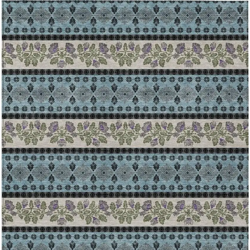 Aqua And Charcoal Striped Washable Indoor Outdoor Area Rug Photo 3
