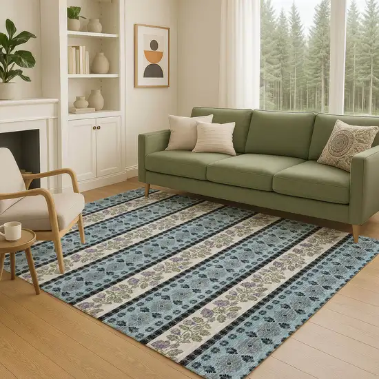 Aqua And Charcoal Striped Washable Indoor Outdoor Area Rug Photo 5