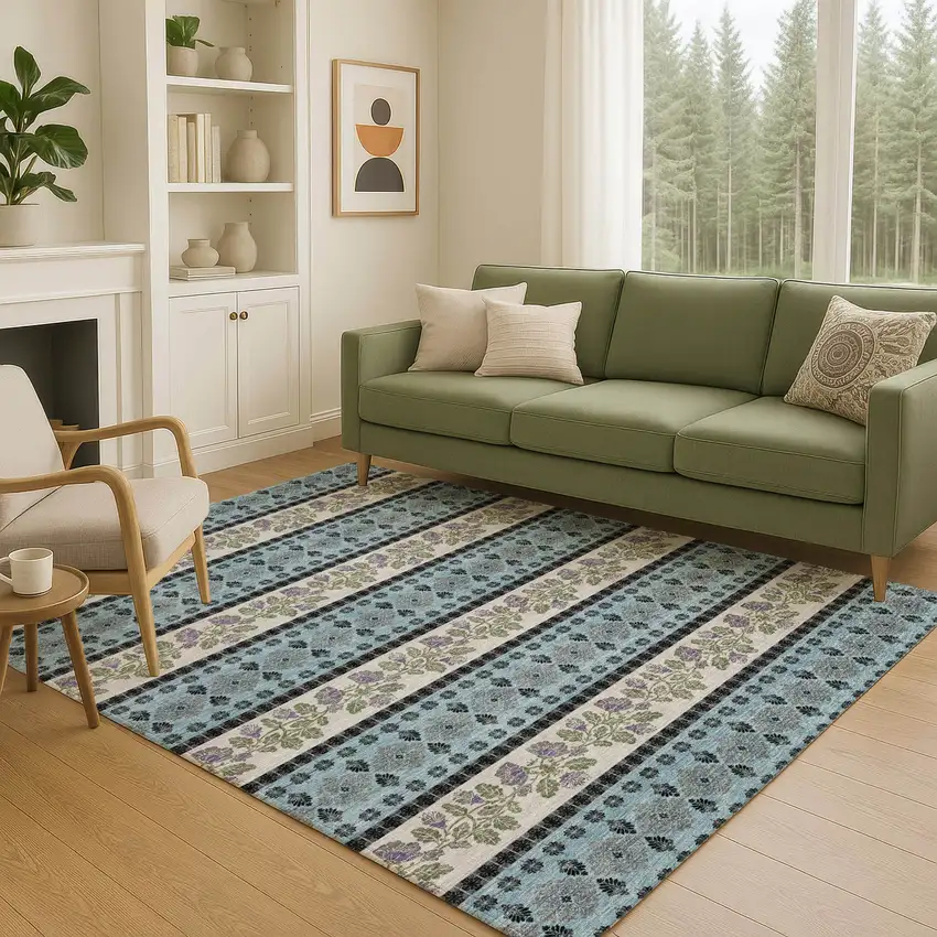 Aqua And Charcoal Striped Washable Indoor Outdoor Area Rug Photo 5