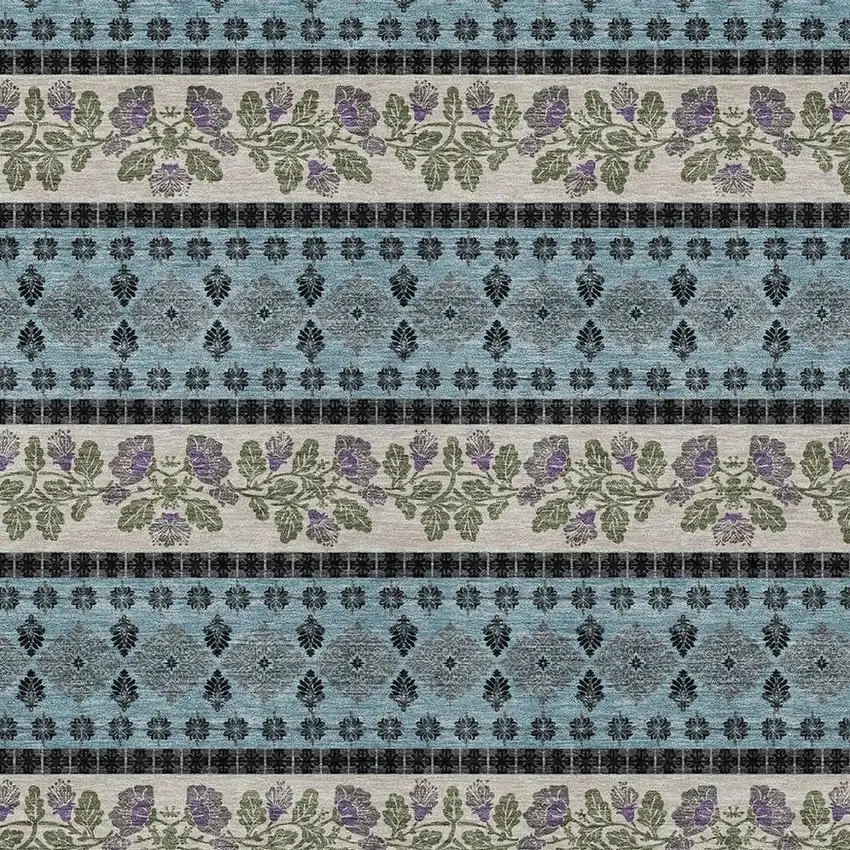 Aqua And Charcoal Striped Washable Indoor Outdoor Area Rug Photo 2