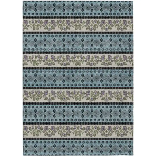 Aqua And Charcoal Striped Washable Indoor Outdoor Area Rug Photo 1
