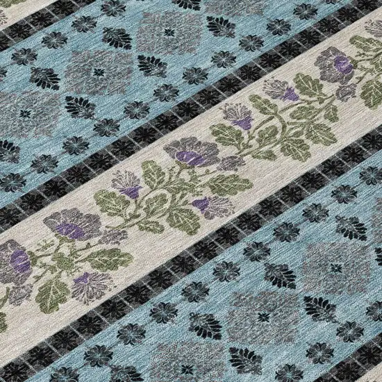 Aqua And Charcoal Striped Washable Indoor Outdoor Area Rug Photo 9