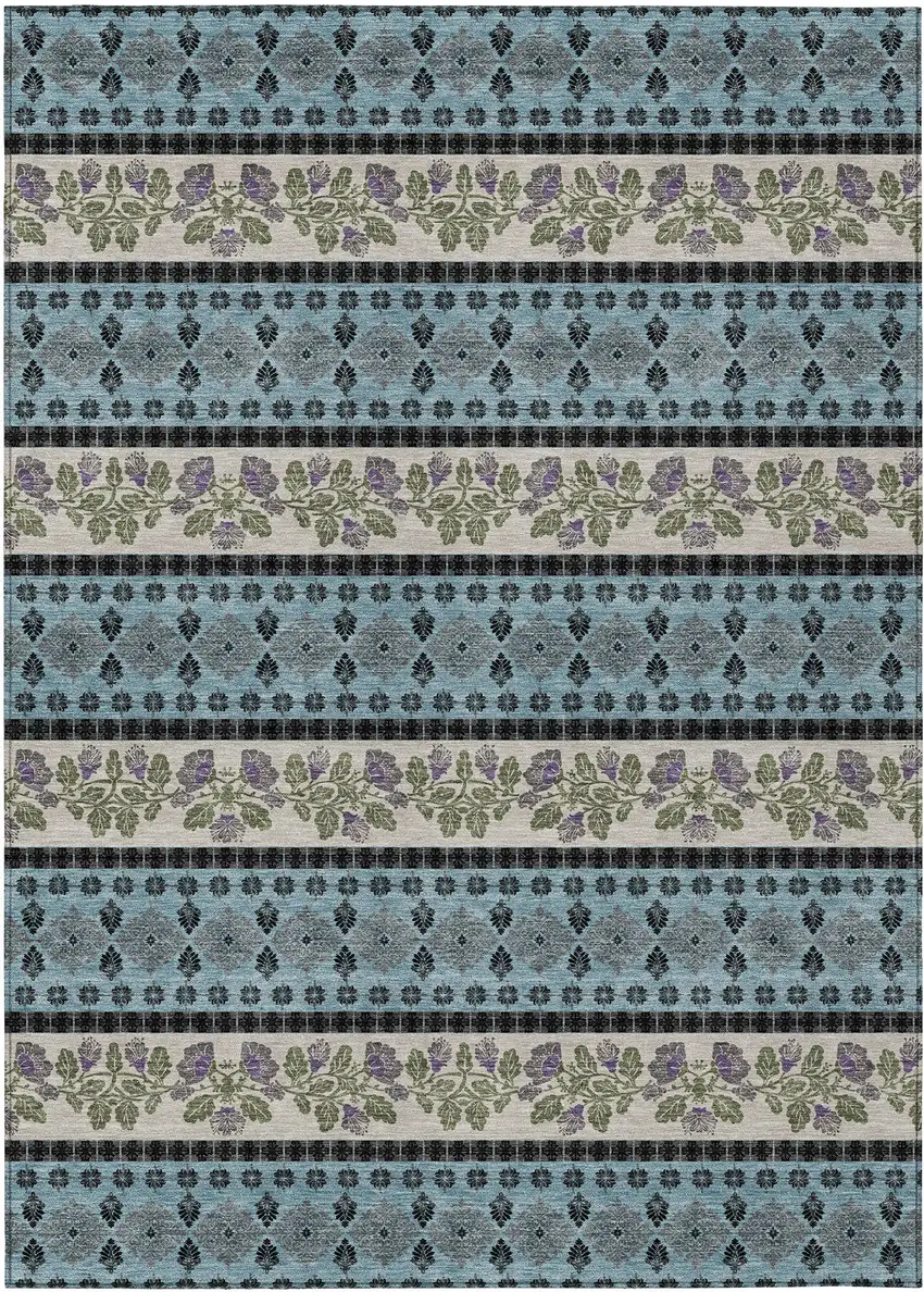 Aqua And Charcoal Striped Washable Indoor Outdoor Area Rug Photo 1