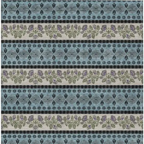 Aqua And Charcoal Striped Washable Indoor Outdoor Area Rug Photo 3