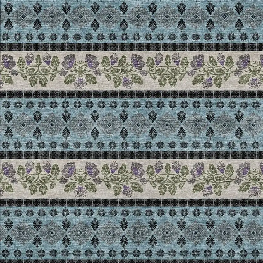 Aqua And Charcoal Striped Washable Indoor Outdoor Area Rug Photo 2