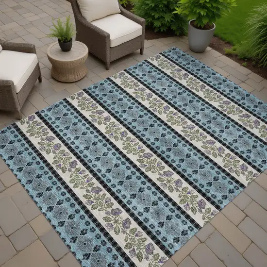 Aqua And Charcoal Striped Washable Indoor Outdoor Area Rug Photo 7