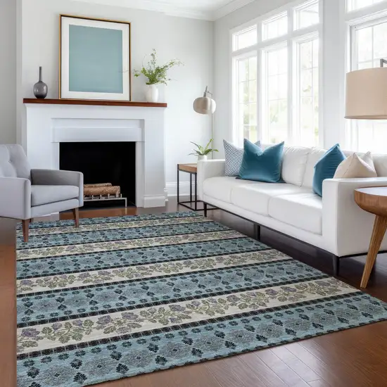 Aqua And Charcoal Striped Washable Indoor Outdoor Area Rug Photo 6
