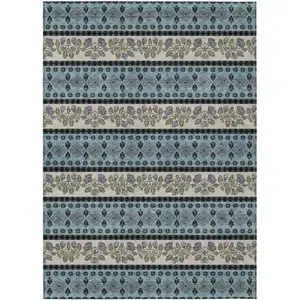 Photo of Aqua And Charcoal Striped Washable Indoor Outdoor Area Rug