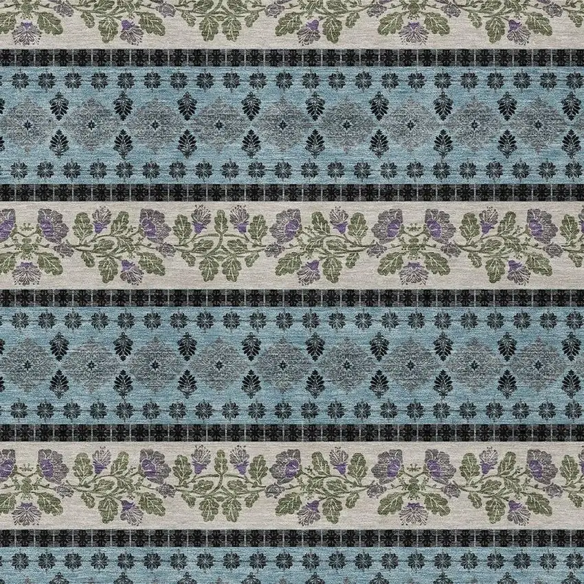 Aqua And Charcoal Striped Washable Indoor Outdoor Area Rug Photo 2