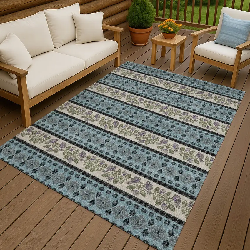 Aqua And Charcoal Striped Washable Indoor Outdoor Area Rug Photo 4