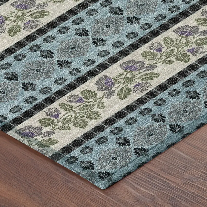 Aqua And Charcoal Striped Washable Indoor Outdoor Area Rug Photo 8