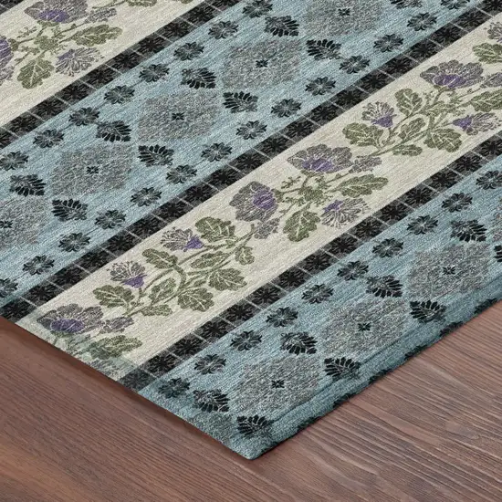 Aqua And Charcoal Striped Washable Indoor Outdoor Area Rug Photo 8