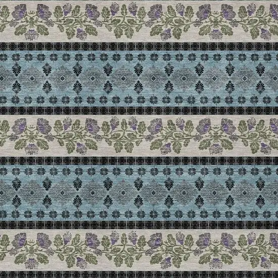 Aqua And Charcoal Striped Washable Indoor Outdoor Area Rug Photo 2