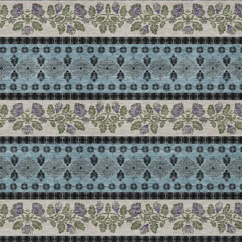 Aqua And Charcoal Striped Washable Indoor Outdoor Area Rug Photo 2