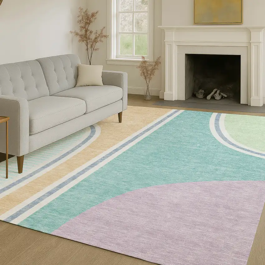 Aqua And Copper Geometric Washable Indoor Outdoor Area Rug Photo 6