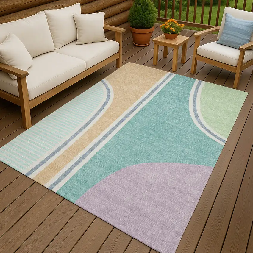 Aqua And Copper Geometric Washable Indoor Outdoor Area Rug Photo 7