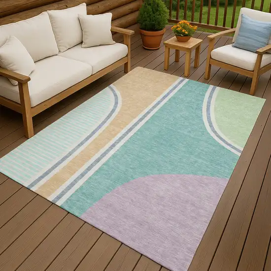 Aqua And Copper Geometric Washable Indoor Outdoor Area Rug Photo 7