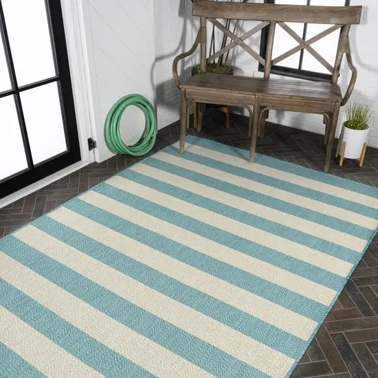 Aqua And Cream Striped Indoor Outdoor Area Rug Photo 9