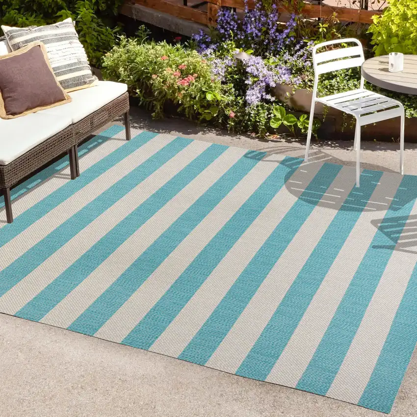 Aqua And Cream Striped Indoor Outdoor Area Rug Photo 7