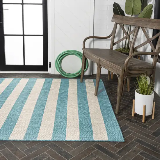 Aqua And Cream Striped Indoor Outdoor Area Rug Photo 8
