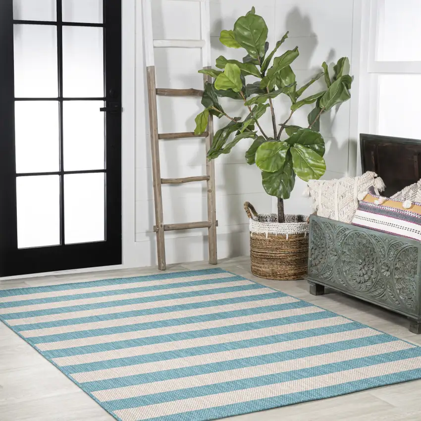 Aqua And Cream Striped Indoor Outdoor Area Rug Photo 6
