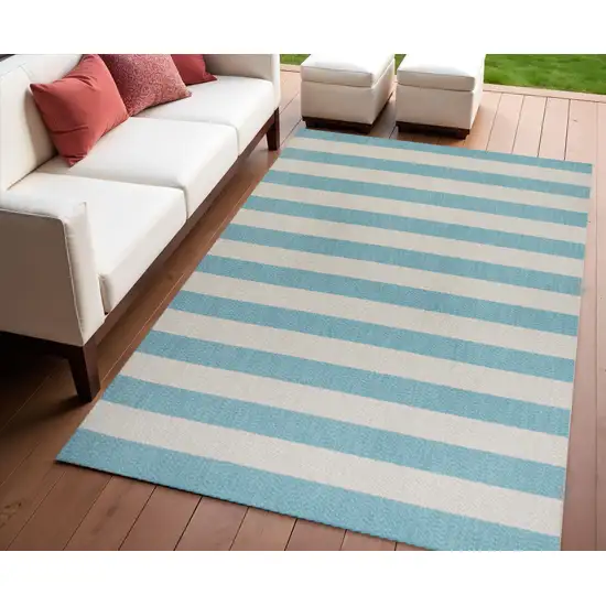 Aqua And Cream Striped Indoor Outdoor Area Rug Photo 1