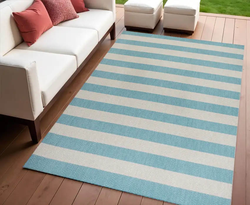 Aqua And Cream Striped Indoor Outdoor Area Rug Photo 1