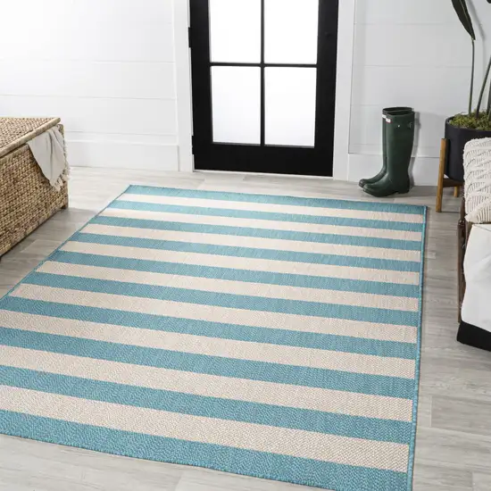 Aqua And Cream Striped Indoor Outdoor Area Rug Photo 4