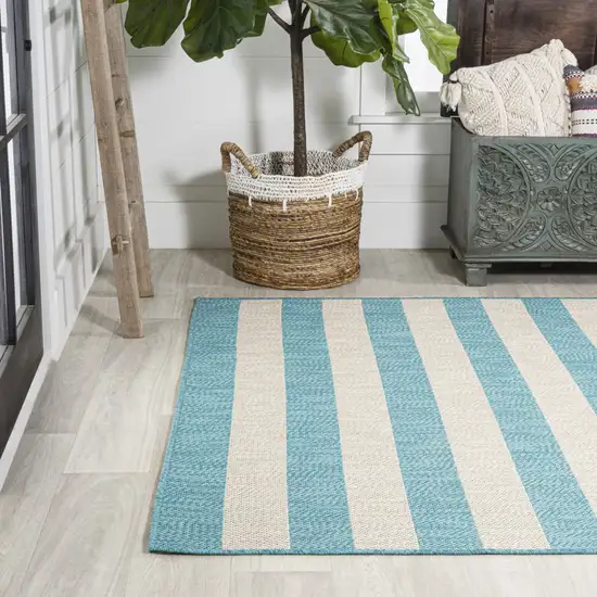 Aqua And Cream Striped Indoor Outdoor Area Rug Photo 5