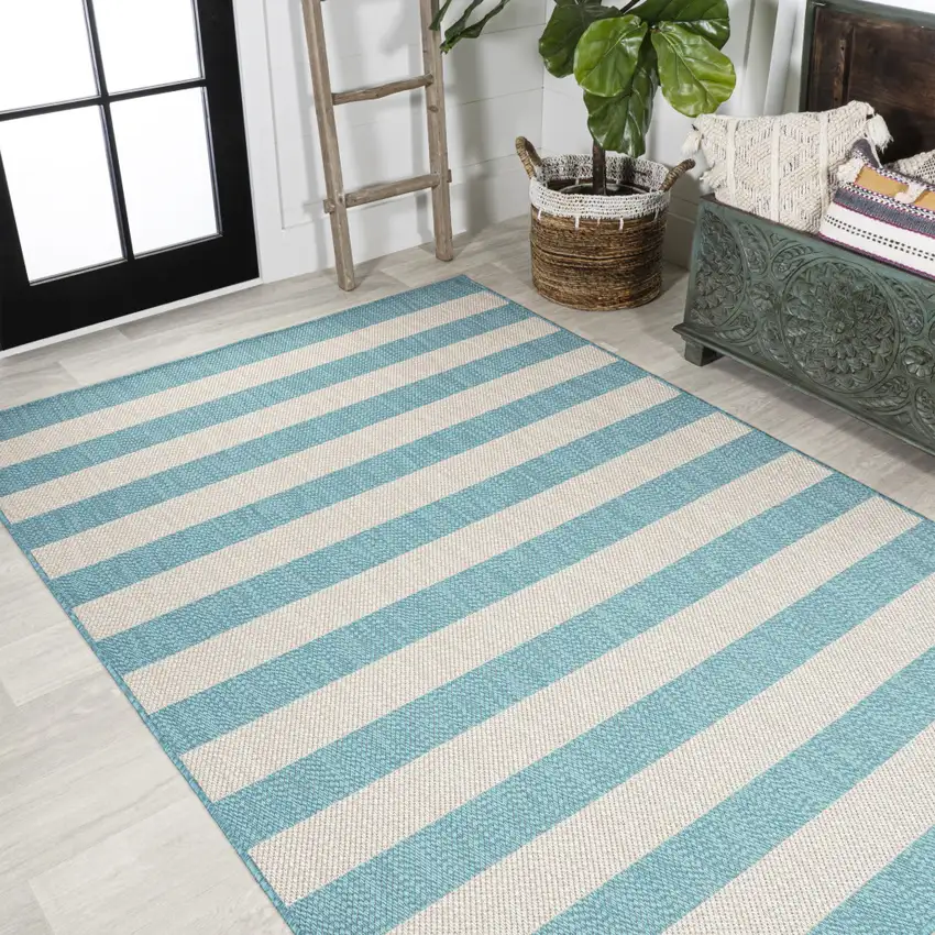 Aqua And Cream Striped Indoor Outdoor Area Rug Photo 6