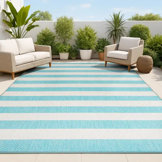 Aqua And Cream Striped Indoor Outdoor Area Rug Photo 3