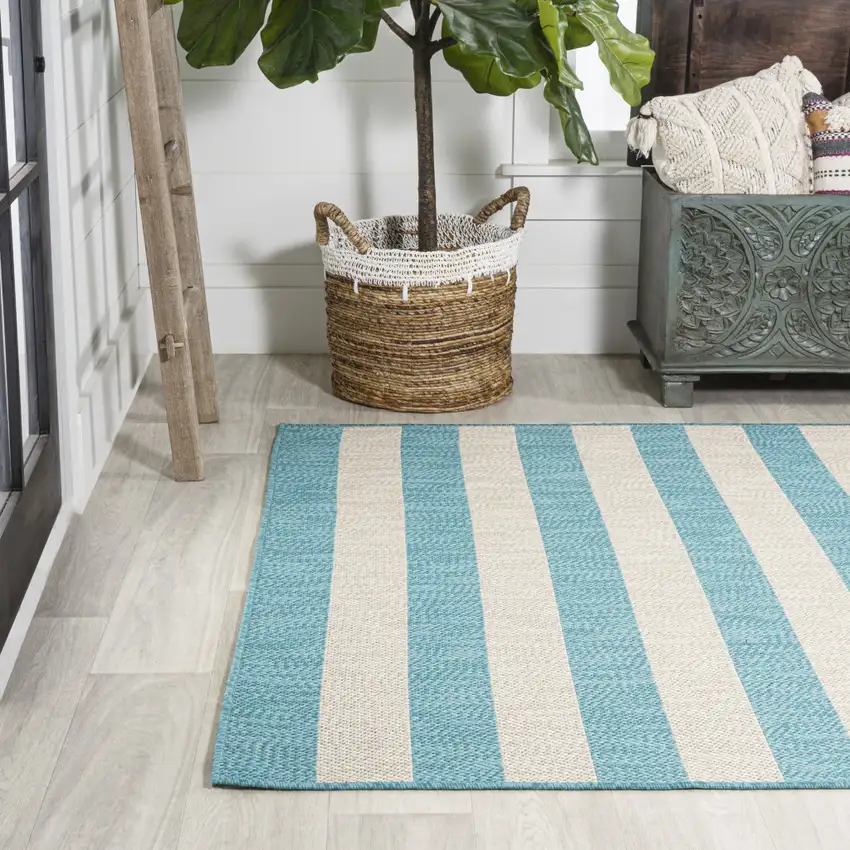 Aqua And Cream Striped Indoor Outdoor Area Rug Photo 5