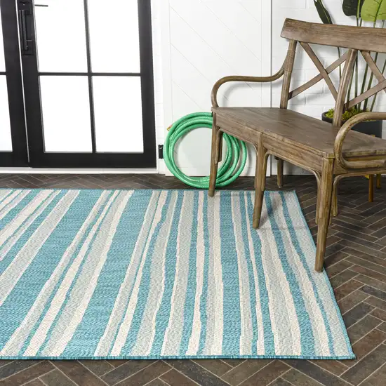 Aqua And Cream Striped Indoor Outdoor Area Rug Photo 9