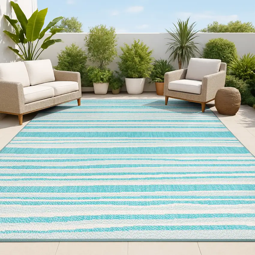 Aqua And Cream Striped Indoor Outdoor Area Rug Photo 3