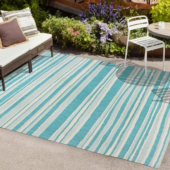Aqua And Cream Striped Indoor Outdoor Area Rug Photo 8