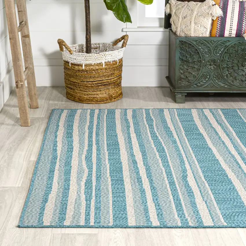 Aqua And Cream Striped Indoor Outdoor Area Rug Photo 5