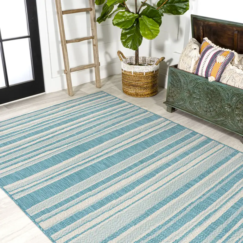 Aqua And Cream Striped Indoor Outdoor Area Rug Photo 7