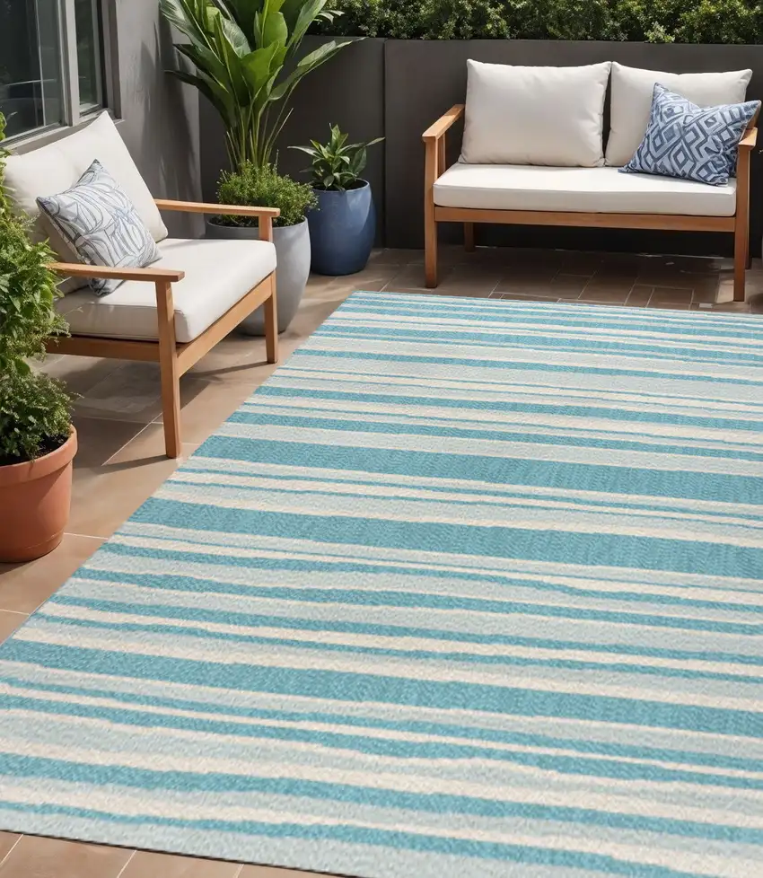 Aqua And Cream Striped Indoor Outdoor Area Rug Photo 1