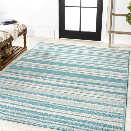 Aqua And Cream Striped Indoor Outdoor Area Rug Photo 5