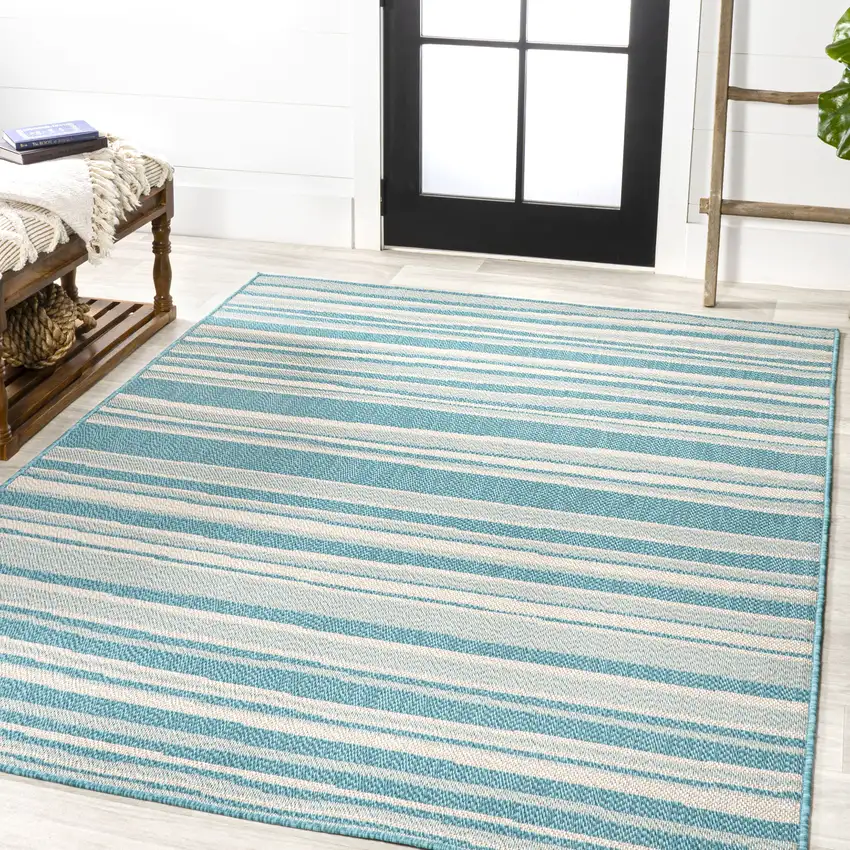 Aqua And Cream Striped Indoor Outdoor Area Rug Photo 5