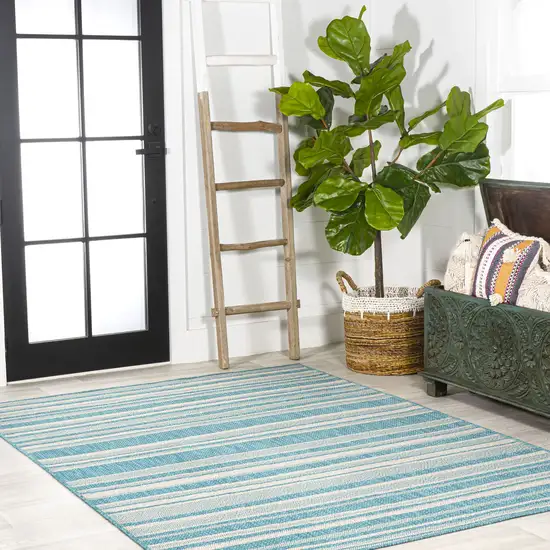 Aqua And Cream Striped Indoor Outdoor Area Rug Photo 8