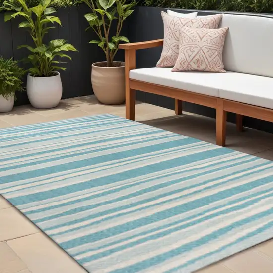 Aqua And Cream Striped Indoor Outdoor Area Rug Photo 1