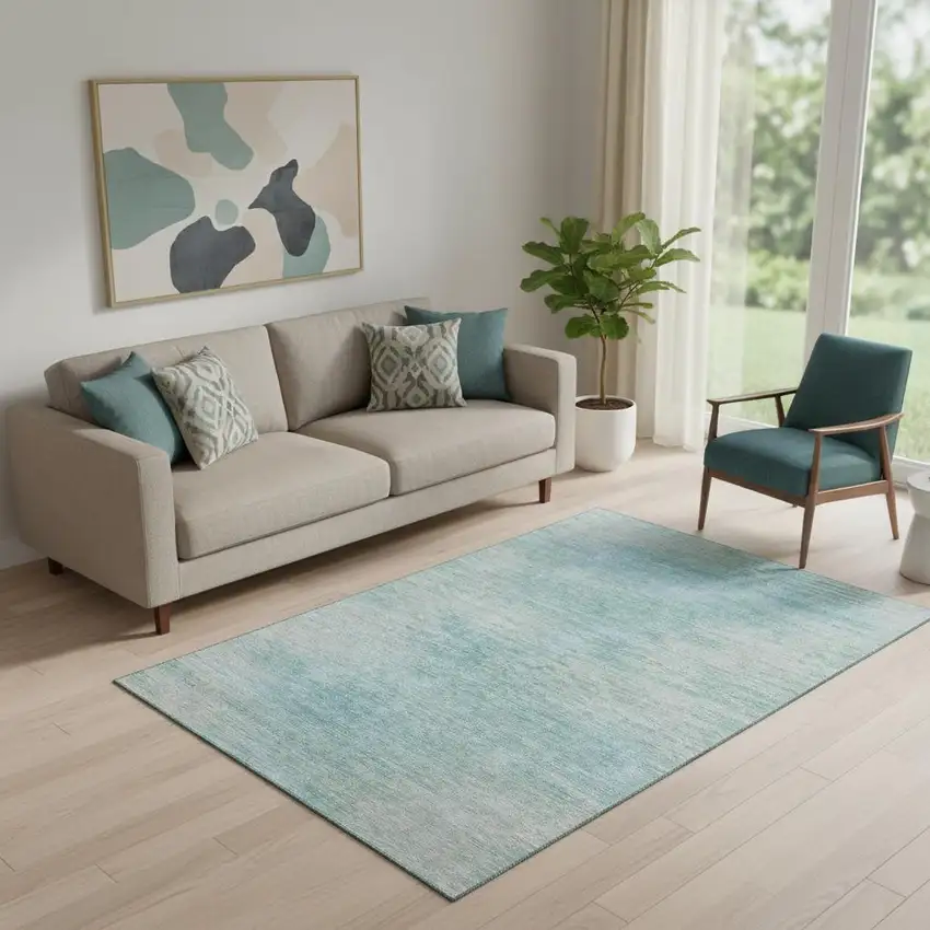 Aqua And Gray Abstract Washable Area Rug With UV Protection Photo 1