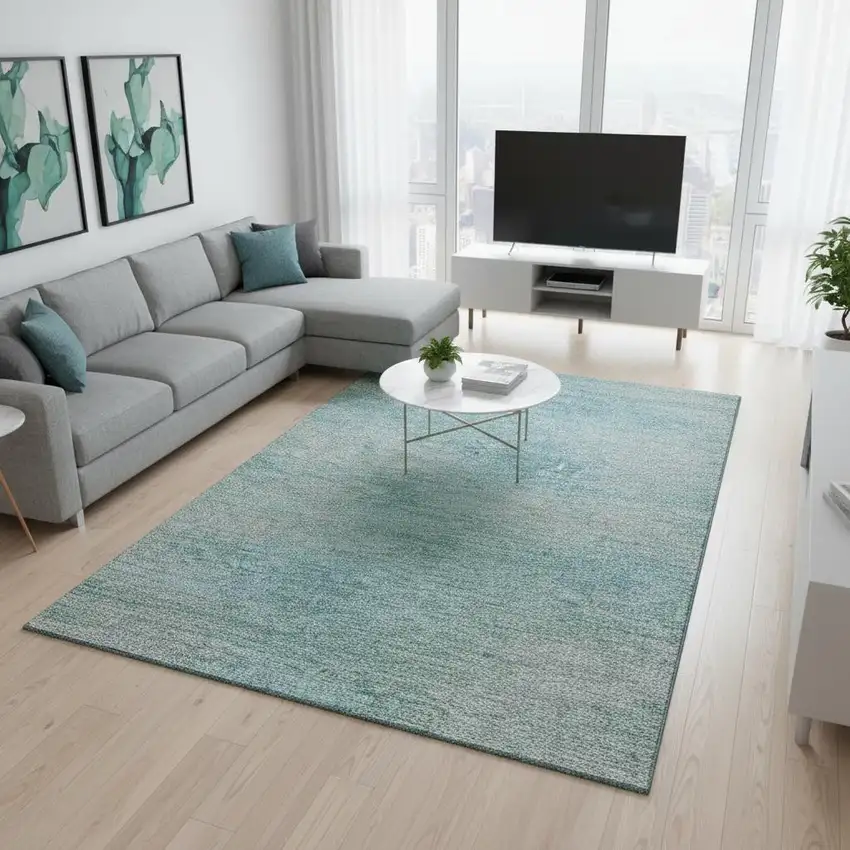 Aqua And Gray Abstract Washable Area Rug With UV Protection Photo 2