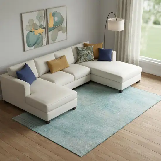 Aqua And Gray Abstract Washable Area Rug With UV Protection Photo 1