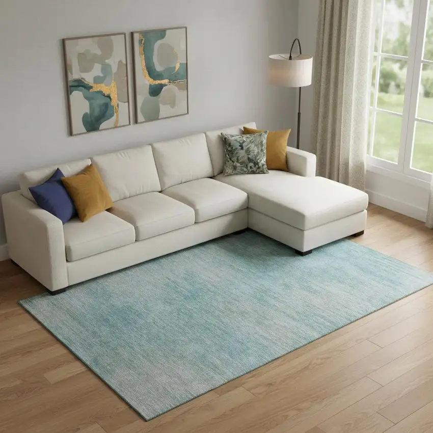 Aqua And Gray Abstract Washable Area Rug With UV Protection Photo 1